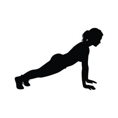 Silhouette of woman performing a push up exercise on a white background, woman in plank position silhouette vector illustration