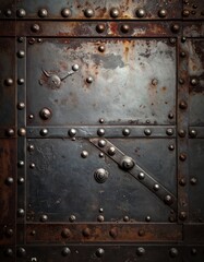 Fototapeta premium Rusty Metal Door with Rivets and Patina Textures from Old Structure