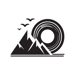 camera lens showing mountain and sunset vector silhouette clip art logo design illustration