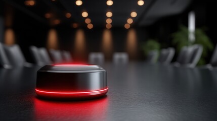 A sleek, modern microphone sits on a conference table, highlighted by red lighting, in a stylish meeting room with dimmed ambient lighting.