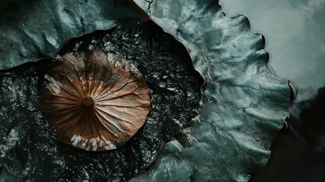Water flows between overlapping lotus leaves, showcasing textures and patterns