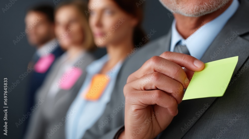 Poster a group of professionals in suits displaying colorful sticky notes on their attire, suggesting an in