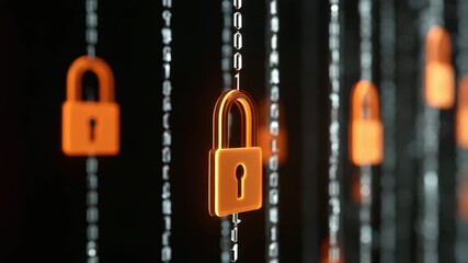 Digital security concept featuring glowing orange padlock icons and binary code streams, symbolizing advanced cybersecurity, data protection, and digital technology in futuristic environment - Powered by Adobe