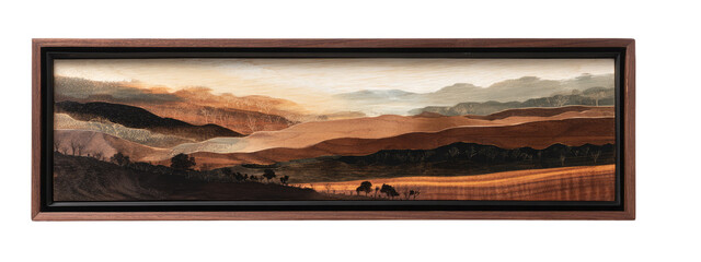 Panoramic landscape painting, warm earth tones, layered hills and valleys