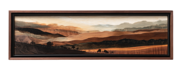Panoramic landscape painting, warm earth tones, layered hills and valleys