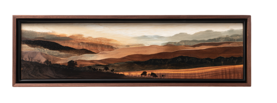 Panoramic landscape painting, warm earth tones, layered hills and valleys