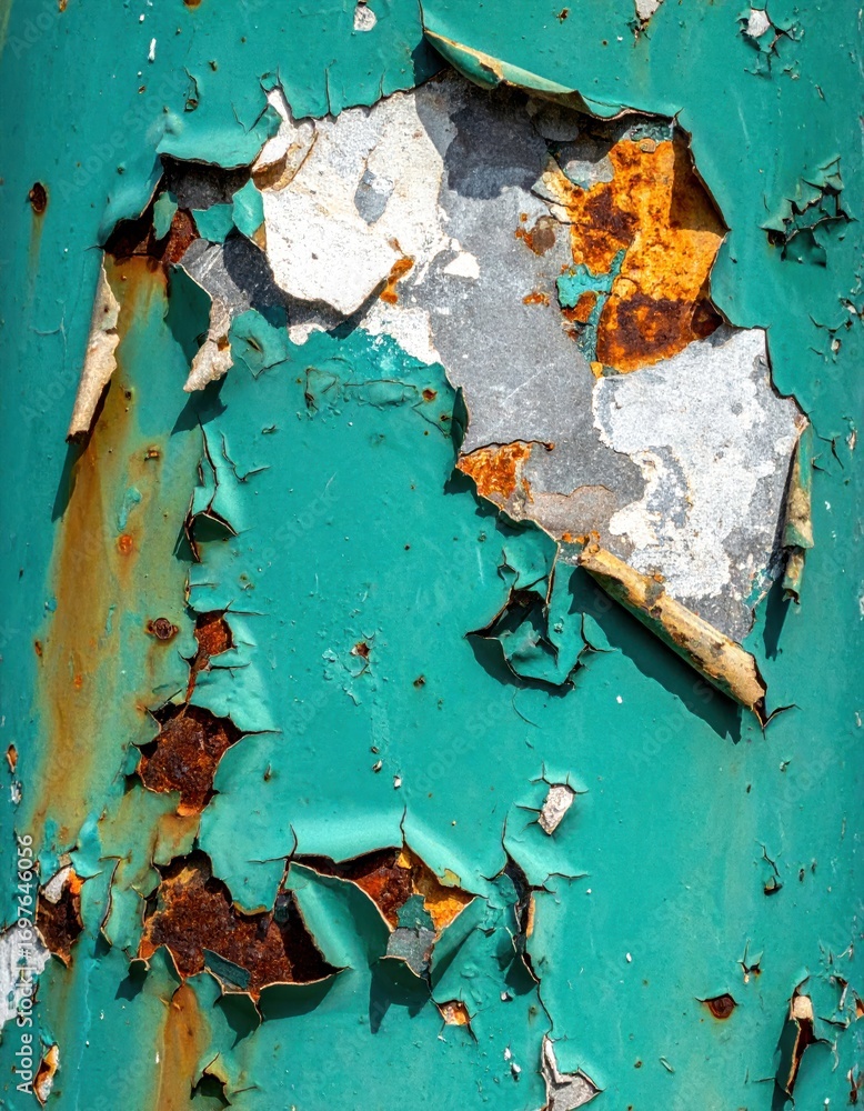 Poster Weathered Metal Surface with Flaking Paint and Rust Patterns