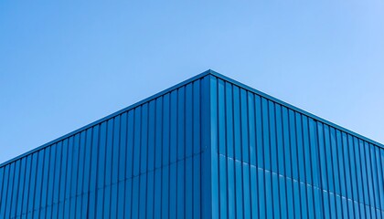 Corner of a modern blue building against a clear sky