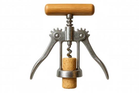 Wooden-handled corkscrew pulling cork from wine bottle, silver metal spiral gleaming against transparent backdrop