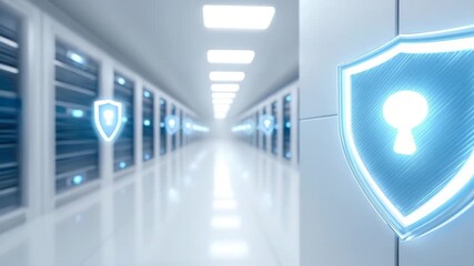 Data center security concept featuring glowing shield icons and keyhole symbol, advanced technology protecting server racks in bright corridor, digital protection and cybersecurity environment - Powered by Adobe