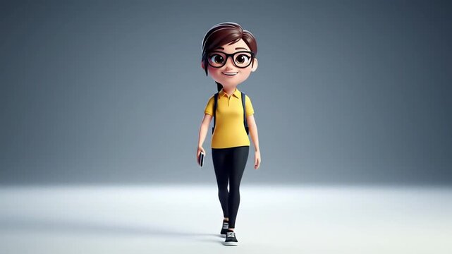 Animated woman walking forward with glasses and backpack on studio background