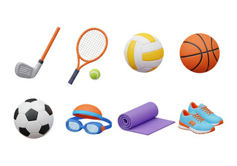 3d icon of collection of sports equipment and accessories isolated on transparent background © designworld24x7