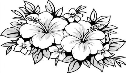 Black and white graphic of hibiscus flowers and leaves