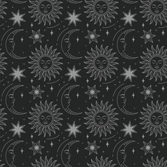 Seamless Celestial Pattern with Mystical Suns, Crescent Moons and Stars in Magical Astrology Design