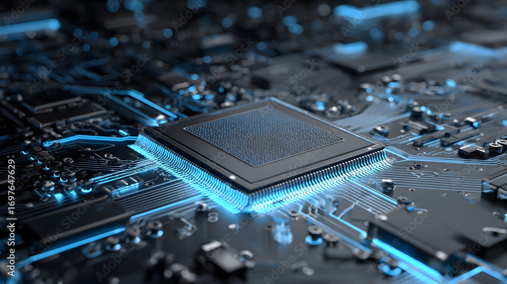 Poster close-up of a glowing microchip on a circuit board, highlighting advanced technology and electronics