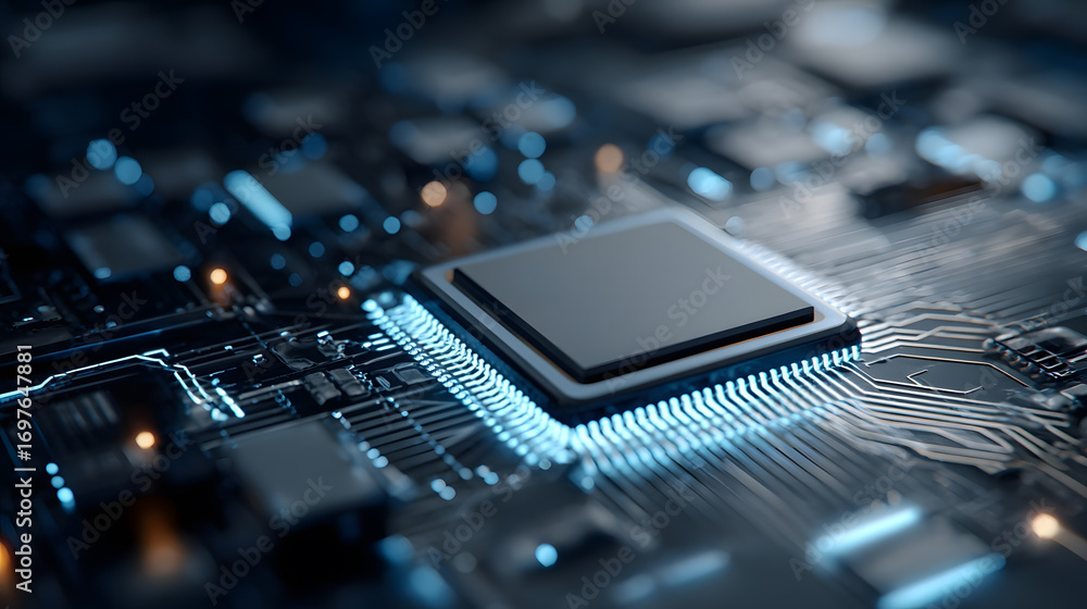 Poster close-up of a microchip on a circuit board with illuminated connections