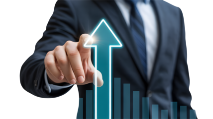 Confident businessman points to rising chart showing impressive growth and success now!
