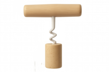 Metallic corkscrew penetrating wine cork, sleek silver tool against transparent backdrop, perfect for graphic projects