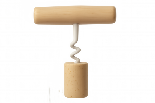 Metallic corkscrew penetrating wine cork, sleek silver tool against transparent backdrop, perfect for graphic projects