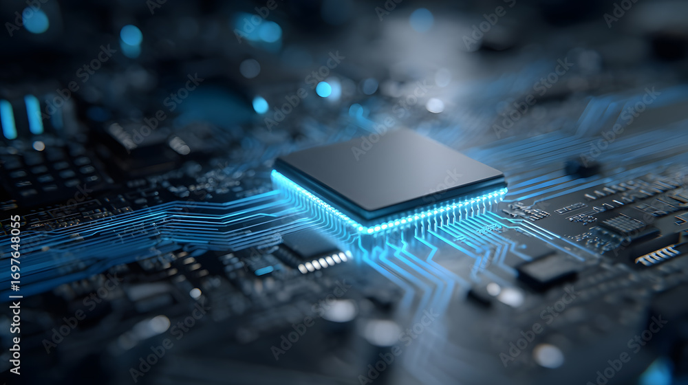 Poster close-up of a glowing microchip on a circuit board, highlighting advanced technology and data proces