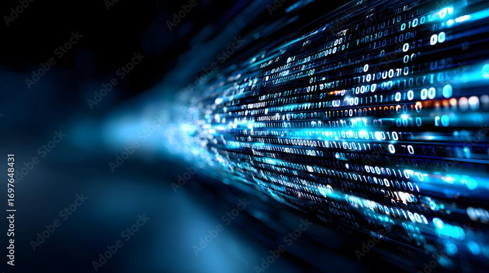 Poster binary code stream in blue light, representing digital data flow