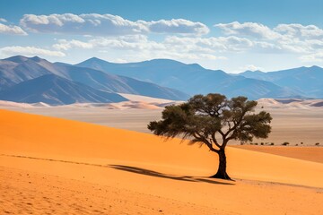 Minimalist Landscape of Solitary Tree in Orange Desert with Mountains and Blue Sky