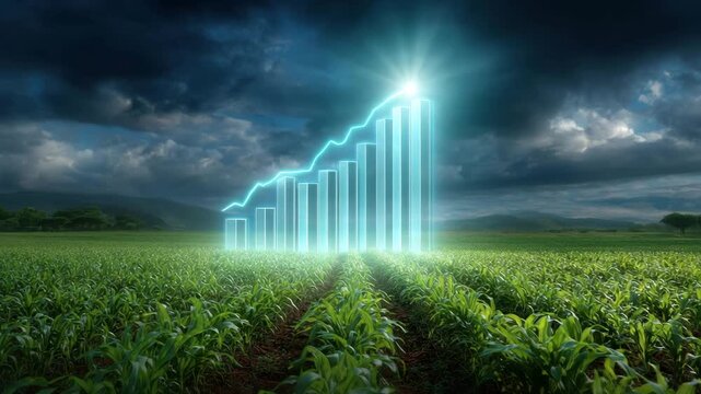 Glowing rising bar chart and line graph over green agricultural crop field and farmland under dramatic cloudy sky symbolizing growth and success in plant and agriculture - Powered by Adobe