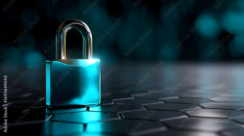 Poster a glowing blue padlock on a hexagonal grid surface with a dark, blurred background