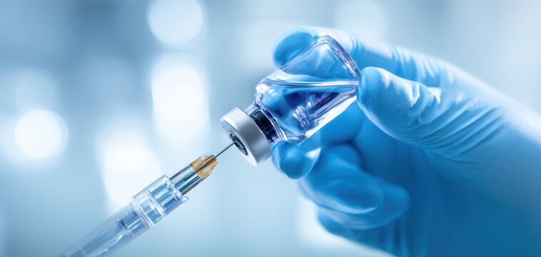 The Vaccine Vial and Syringe Being Filled for Medical Injection in Laboratory