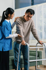 Friendly nurse doctor offering patient support during recovery. caregiver taking care of her patient and showing kindness while doing a checkup in living home.