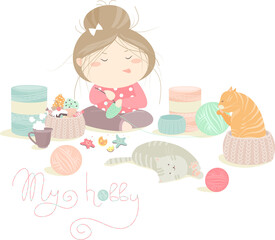 Funny pretty girl knitting. Vector isolated illustration