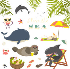 Cute sea animals on resort. Vector collection