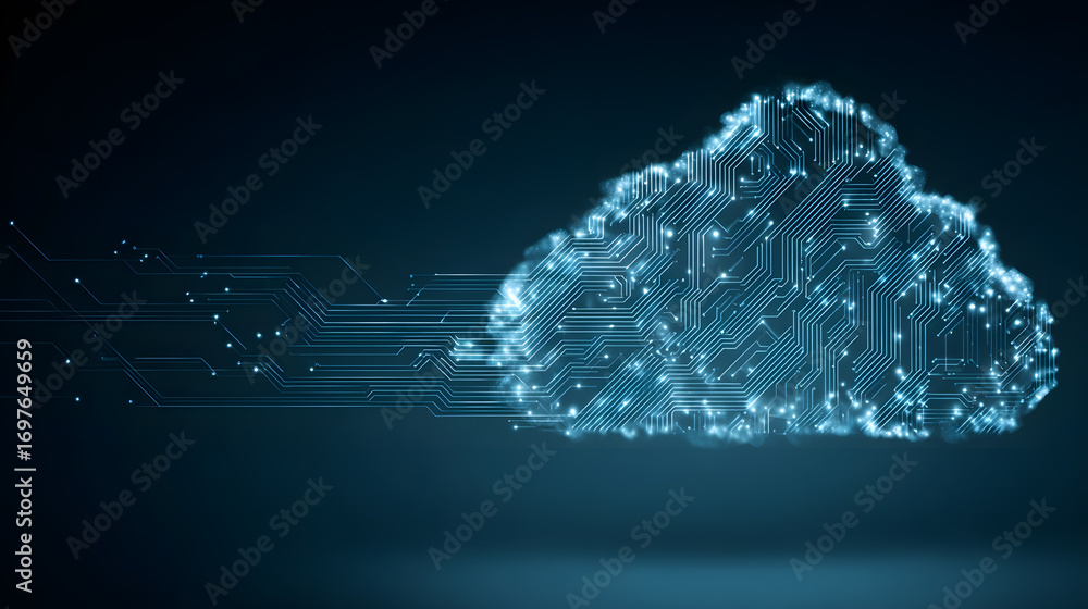 Poster digital cloud with circuitry design on a dark background