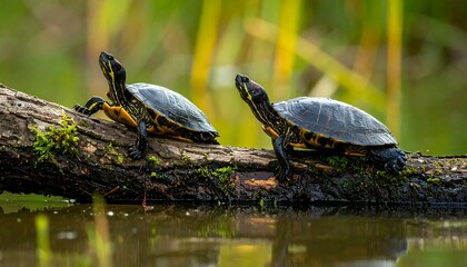 Fototapeta premium Two small turtles on a log over water (1)