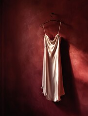 A champagnecolored dress hangs on a black hanger against a red wall with subtle lighting enhancing the fabrics sheen