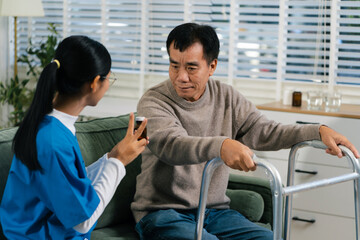 Therapist woman taking care and giving a glass of water and taken daily medicine or vitamin...