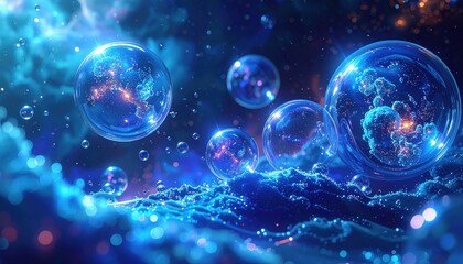 Obraz premium A mesmerizing display of glowing, translucent spheres suspended in a deep blue ethereal space, radiating with inner light and intricate patterns.