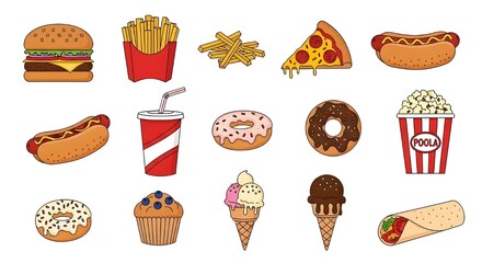 A set of popular fast food items arranged neatly on a white background. Includes a cheeseburger, french fries, pizza slice, hot dog, soda cup, popcorn bucket, donut, muffin, ice cream cone, and shawar