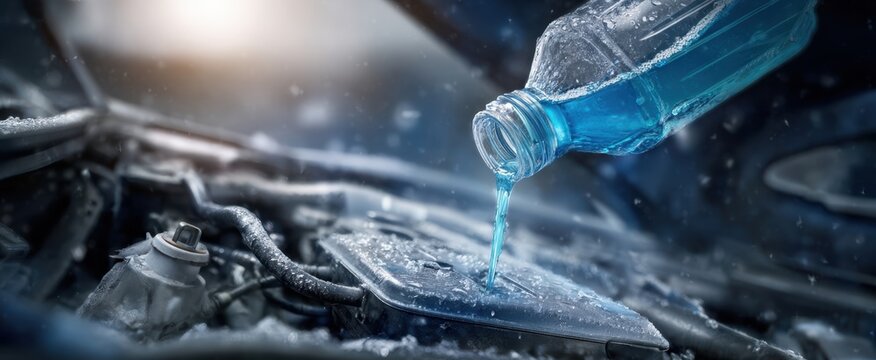 The Car Windshield Washer Reservoir Being Filled With Blue Deicing Fluid In Winter