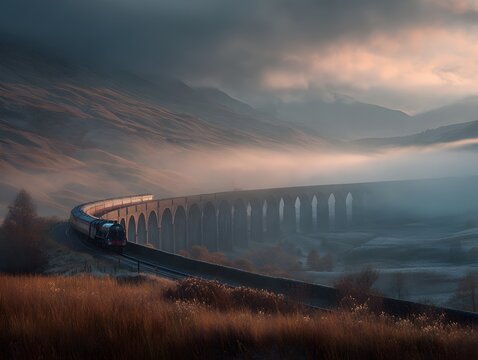 Train Crossing Stone Viaduct in Foggy Highland Landscape - Powered by Adobe