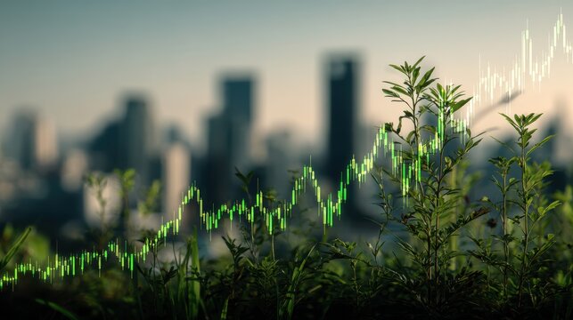 Green Growth Plants and Cityscape with Upward Stock Market Graph
