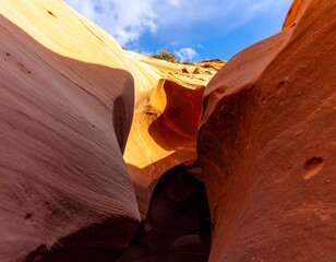Sandstone canyon, sunlight through narrow passage