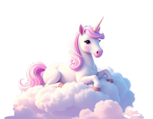 Magical white unicorn with pink mane and tail resting on clouds in a pastel sky isolated on transparent background