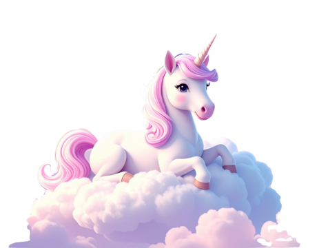 Magical white unicorn with pink mane and tail resting on clouds in a pastel sky isolated on transparent background