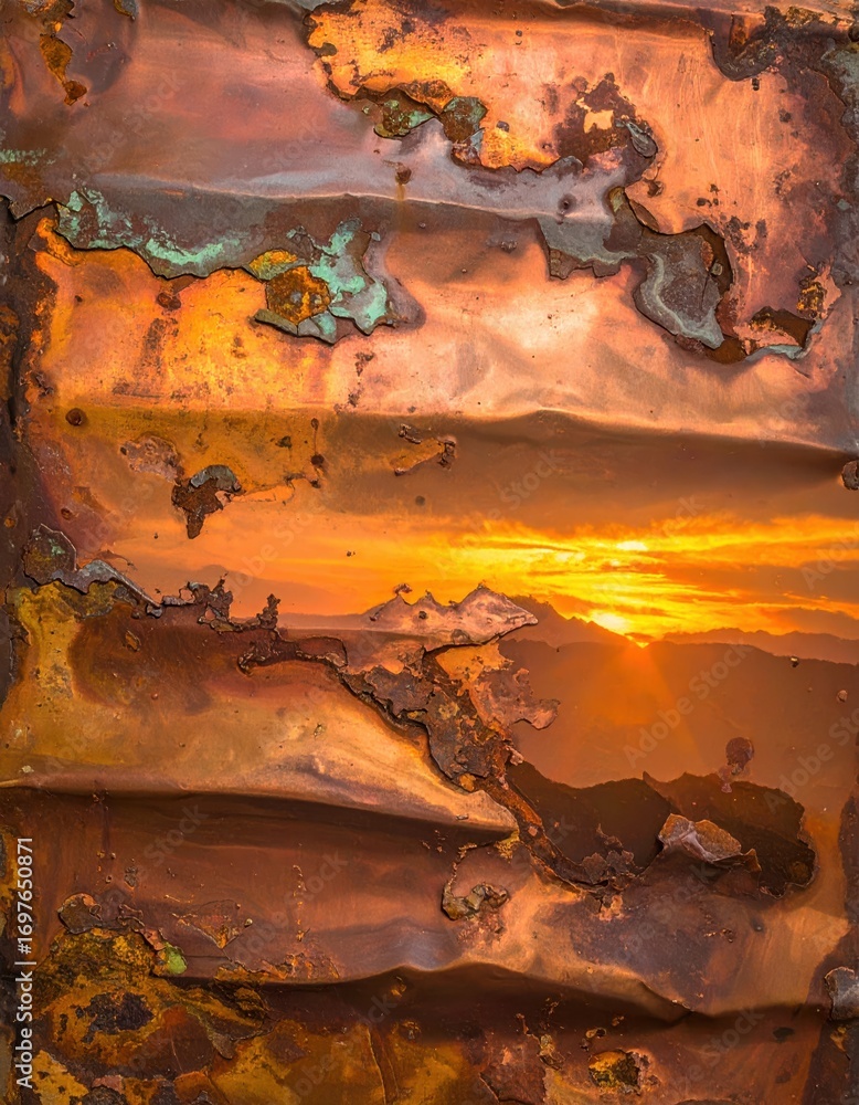 Poster abstract metal texture with sunset reflection and colorful patterns