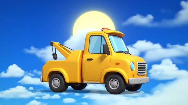 Animated yellow tow truck on a sunny day with blue sky background