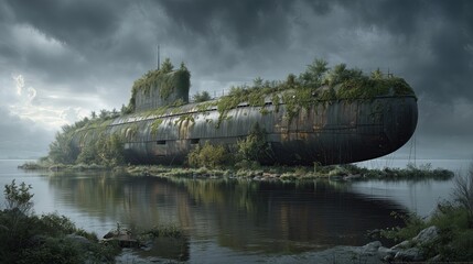 Overgrown Abandoned Submarine Surrounded Swamp