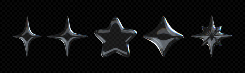 3D crystal glass star with refractive and holographic effects, isolated on a dark background.