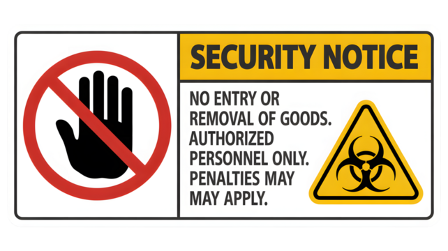 Security notice warns of restricted access, authorized staff, and penalties for unauthorized entry