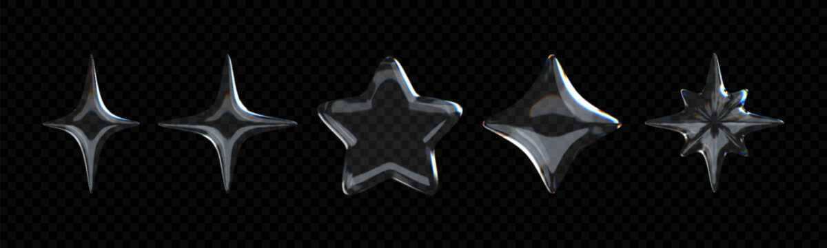 3D crystal glass star with refractive and holographic effects, isolated on a dark background.